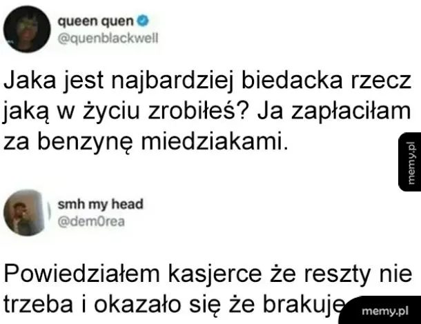 Dwa teksty rozmowy na temat biedy i sytuacji w sklepie.