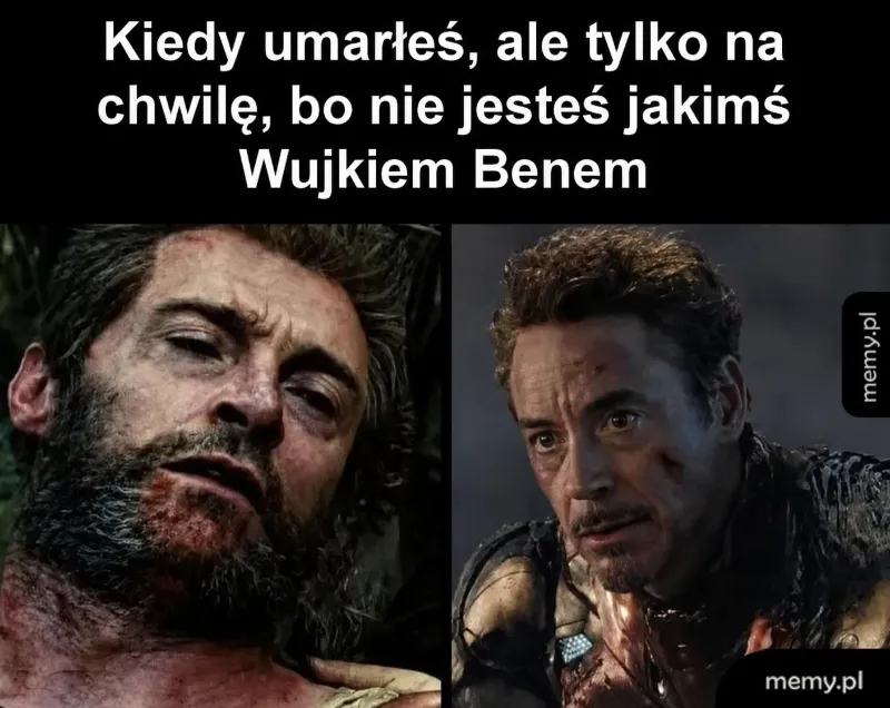 Dwie postacie z filmów, jedna z brodą i ranami, druga w garniturze.