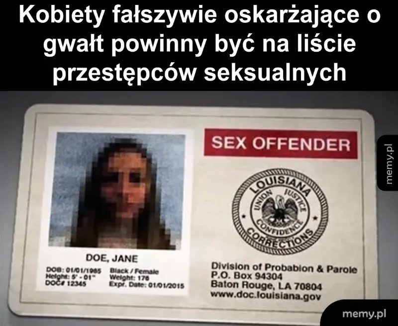 Identyfikator z informacjami o przestępcy seksualnym z zamazanym zdjęciem.