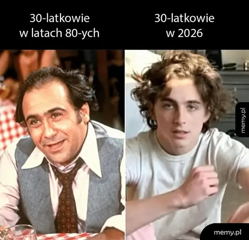 Porównanie dwóch mężczyzn w różnym stylu z lat 80-tych i współczesności.