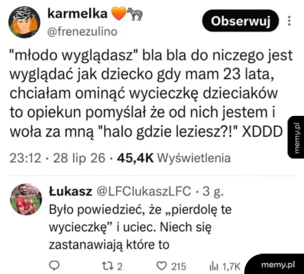 Tekstowy mem z rozmową na Twitterze o wyglądzie i wieku.