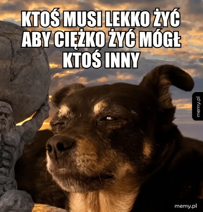 Pies z zamkniętymi oczami na tle skały i postaci.