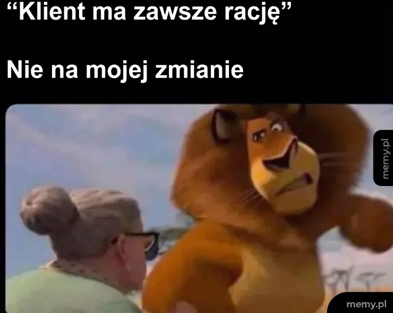Lew z wyrazem frustracji, kobieta w okularach z niezadowoloną miną.