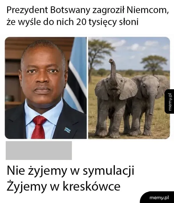 Portret mężczyzny w garniturze obok zdjęcia dwóch słoni na tle sawanny.