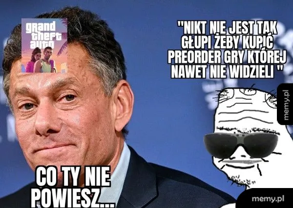 Mężczyzna w okularach przeciwsłonecznych z tekstem o preorderze gier.