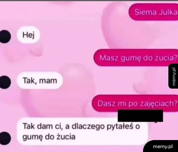 Rozmowa tekstowa między dwiema osobami na różowym tle.