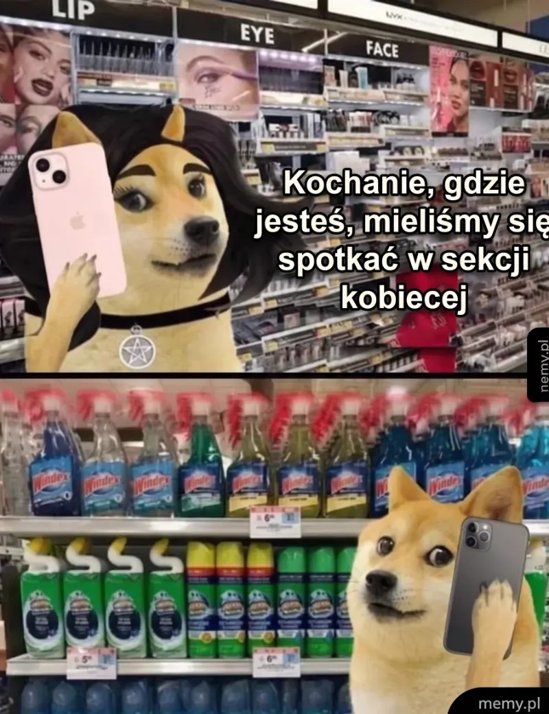 Dwie postacie w sklepie, jedna trzyma telefon, druga z telefonem w ręku.