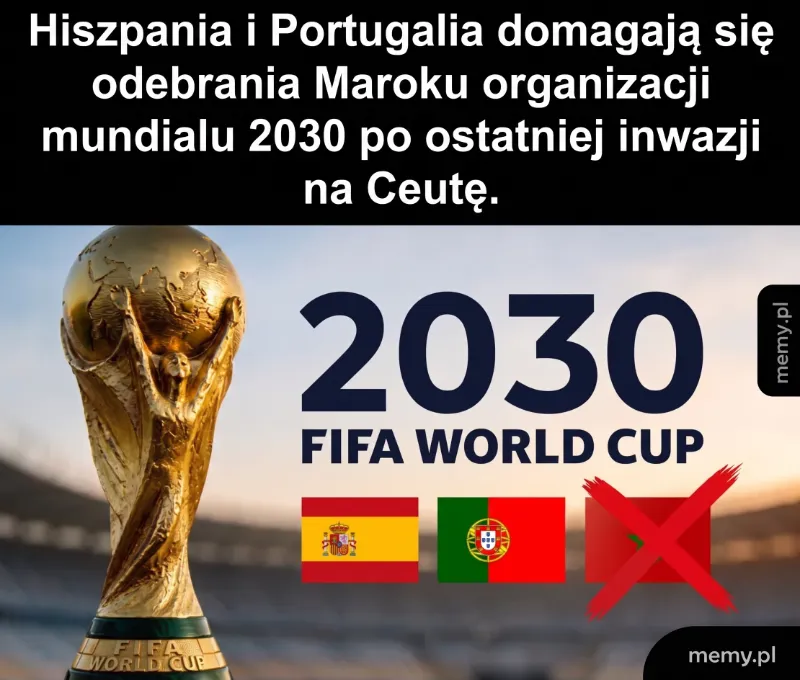 Puchar Świata FIFA 2030 z flagami Hiszpanii i Portugalii oraz przekreśloną flagą Maroka.