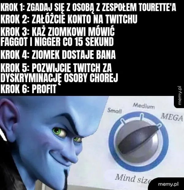 Mężczyzna z niebieską skórą przy pokrętle regulacji głośności.