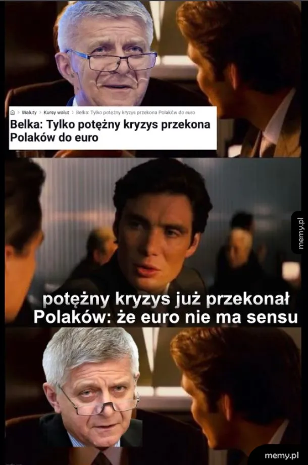 Mężczyzna w garniturze rozmawia z innym mężczyzną, w tle zdjęcie polityka.