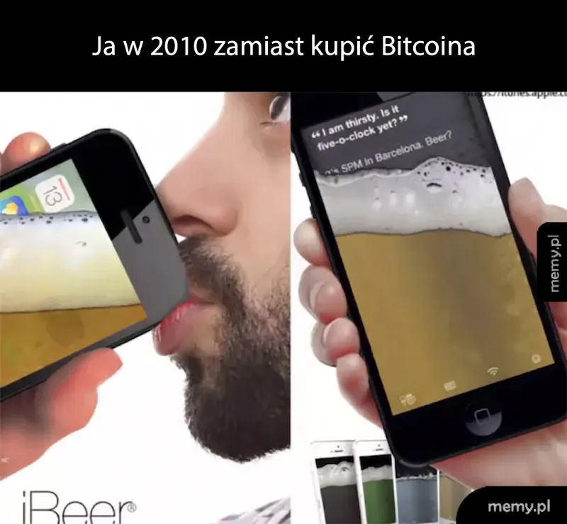 Mężczyzna całujący telefon z aplikacją do piwa obok innego telefonu z piwem.