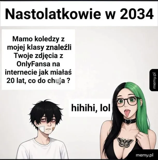 Kobieta z zielonymi włosami i mężczyzna z czarnymi włosami rozmawiają.