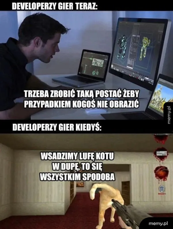 Mężczyzna przy komputerze analizujący postać w grze, obok obrazek z postacią kota.