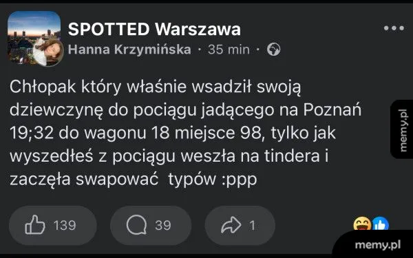 Post na forum o chłopaku, który wsadził dziewczynę do pociągu.
