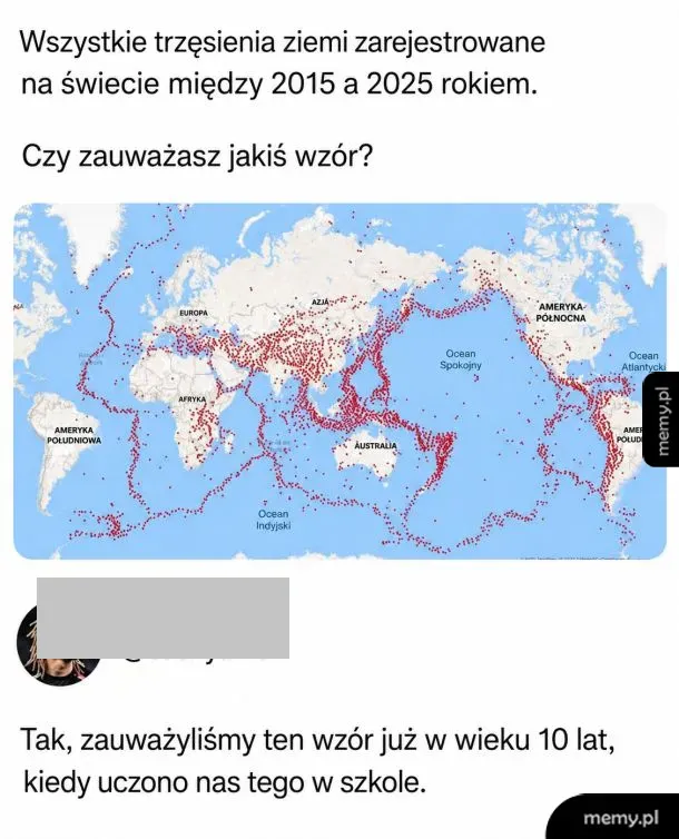 Mapa świata z zaznaczonymi miejscami trzęsień ziemi w latach 2015-2025.