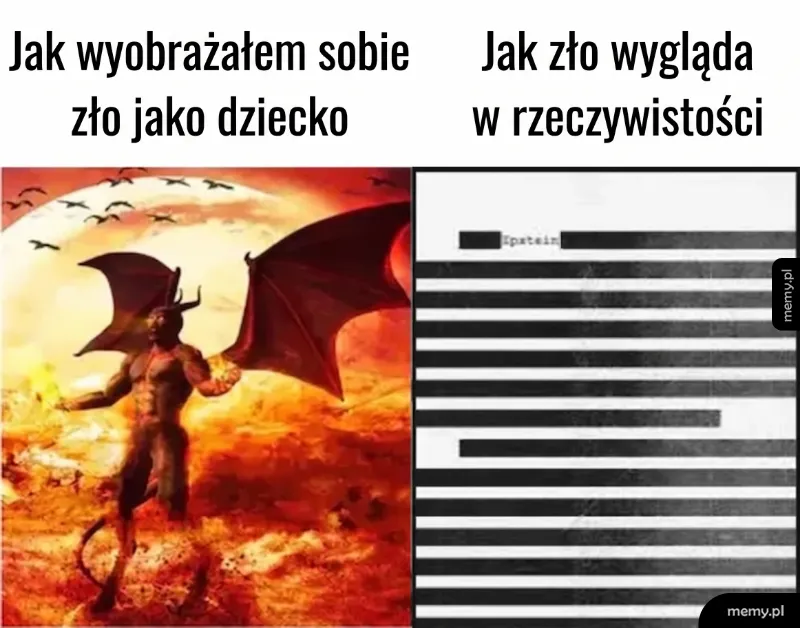 Postać demona na tle ognia obok zniekształcony tekst.