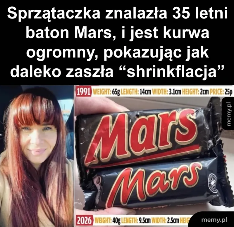 Porównanie batona Mars z 1991 i 2026 roku, z kobietą trzymającą baton.