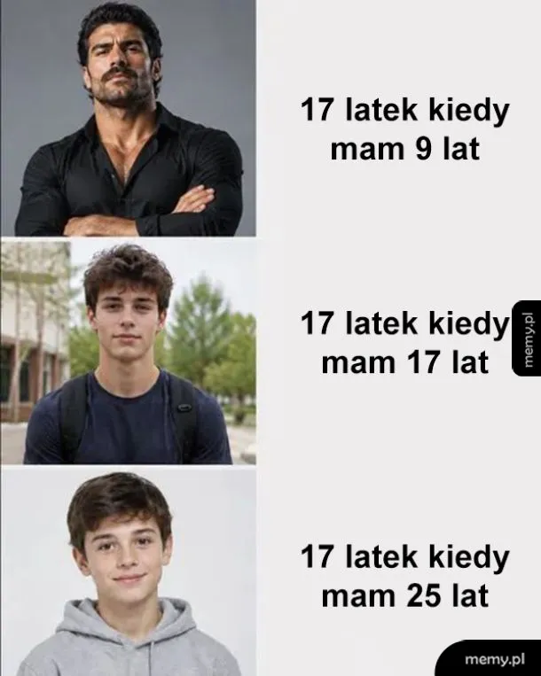 Trzy zdjęcia mężczyzn w różnym wieku z tekstem o wieku.