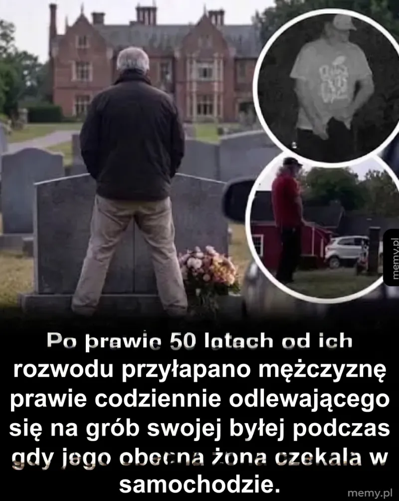 Mężczyzna stoi przy grobie, a w tle widać budynek.