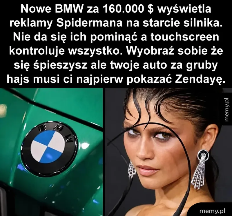 Logo BMW z bliska oraz zdjęcie osoby z nietypową fryzurą.