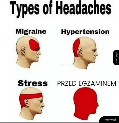 Ilustracja przedstawiająca różne typy bólów głowy z zaznaczonymi obszarami.