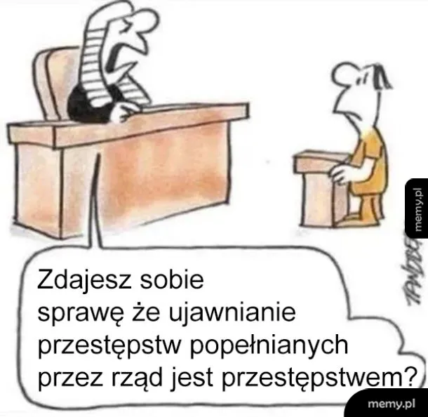 Sędzia i oskarżony w sądzie, rozmowa na temat przestępstw rządu.