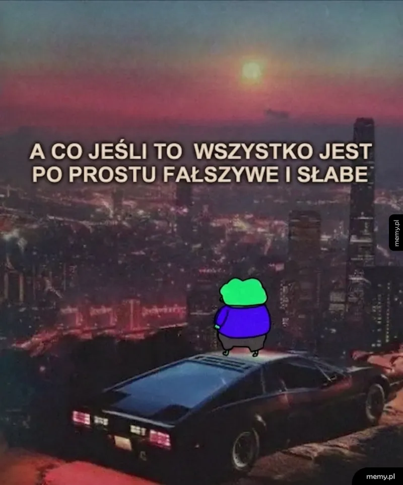 Widok na miasto z samochodem w tle i postacią w zielonej czapce.