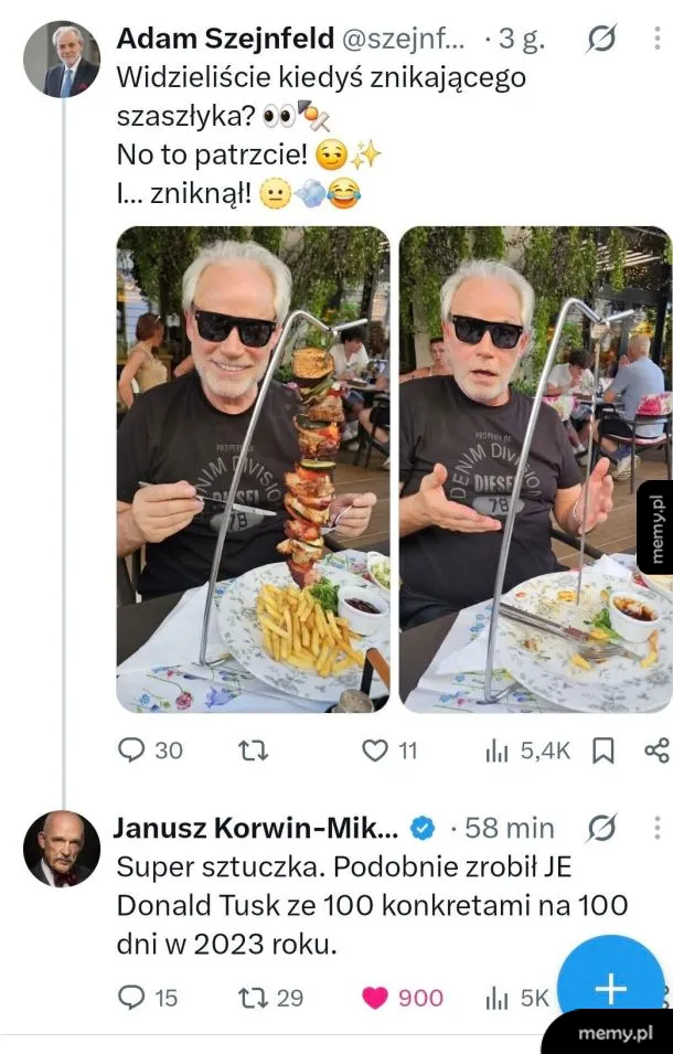 Mężczyzna siedzący przy stole z dużą porcją jedzenia na widelcu.