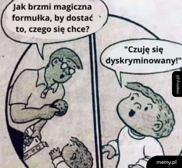 Dziecko z piłką i dorosły z pytaniem o magiczną formułkę.