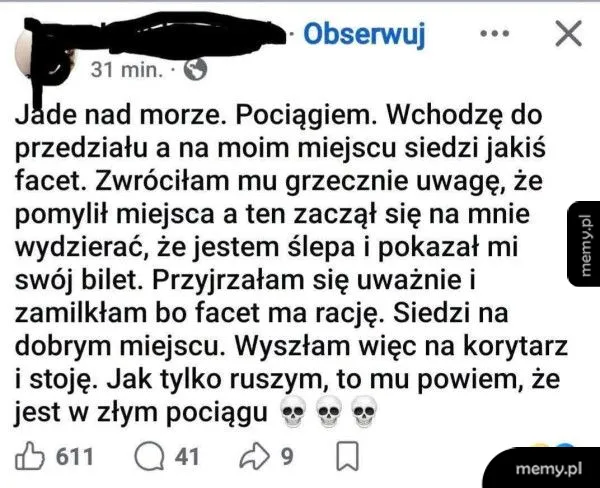 Kobieta opisuje sytuację w pociągu, gdzie doszło do nieporozumienia z innym pasażerem.