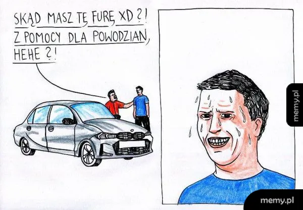 Mężczyzna z uśmiechem i kroplami potu, obok samochód i dwóch mężczyzn rozmawiających.