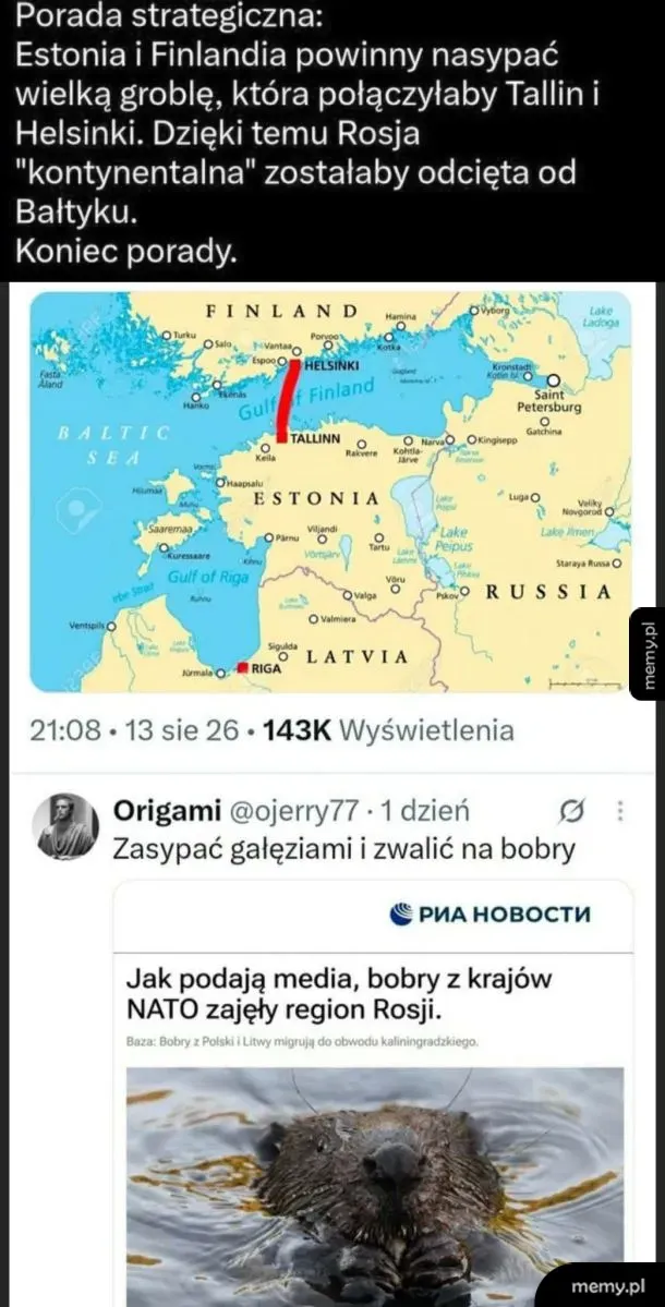 Mapa z nazwami krajów i miast, z zaznaczeniem Estonii, Finlandii i Rosji.