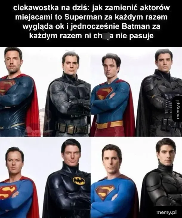 Czterech aktorów w kostiumach Supermana i Batmana, zestawienie ich wyglądu.