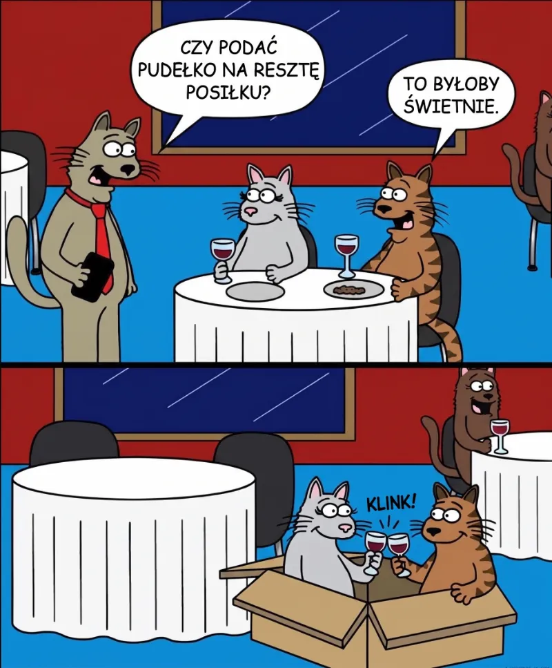 Dwa koty przy stole z winem, jeden z nich w pudełku.