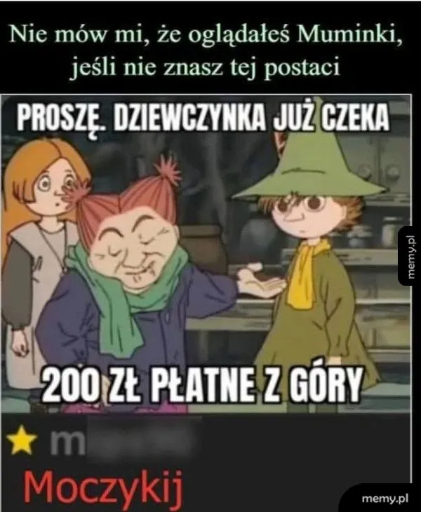 Trzy postacie z Muminów w humorystycznej sytuacji.