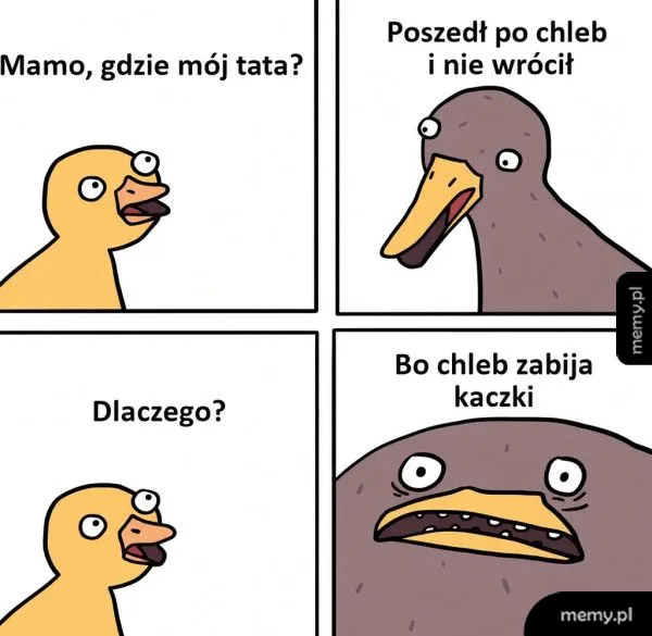Kaczka pyta matkę o ojca, który poszedł po chleb.