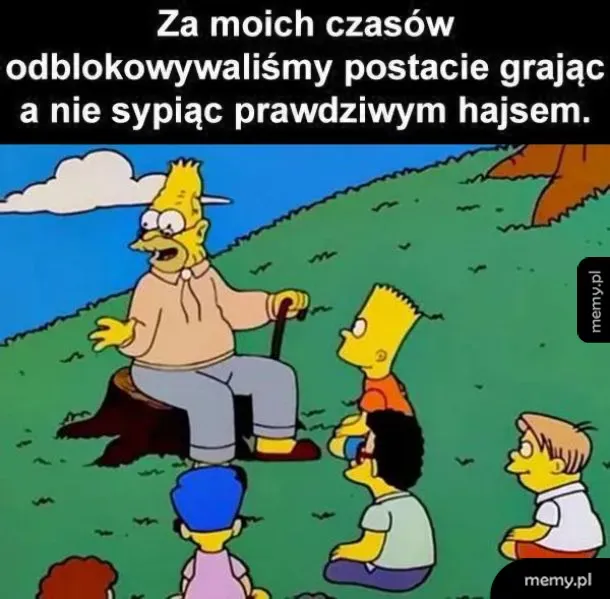 Postacie z kreskówki siedzą na trawie, słuchając starszego mężczyzny.