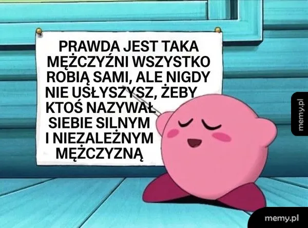 Różowa postać z uśmiechem stoi obok kartki z tekstem.
