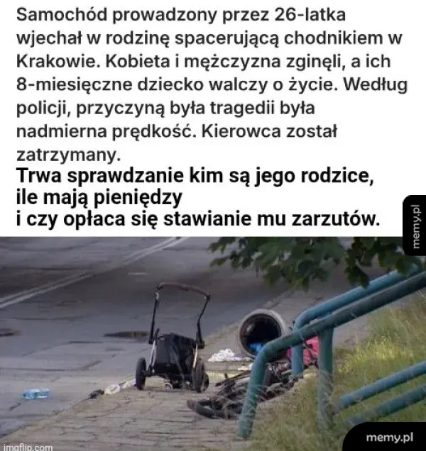 Wypadek samochodowy na chodniku w Krakowie, porzucone wózek dziecięcy.