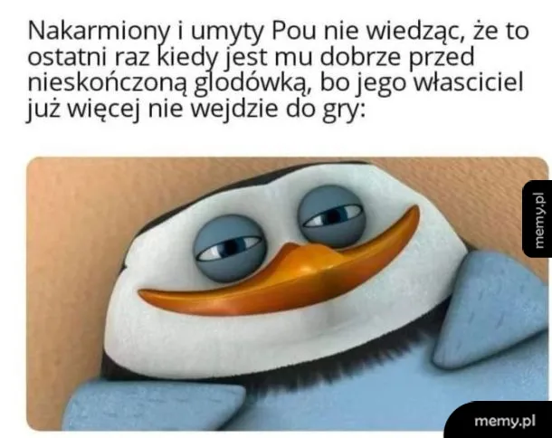 Postać pingwina z zadowoloną miną.