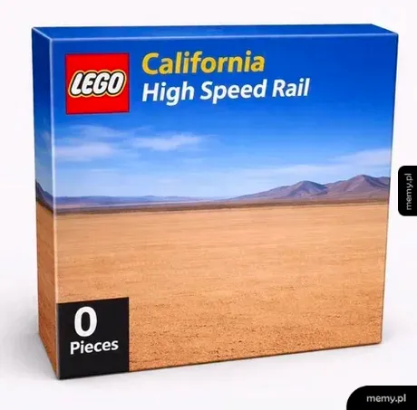 Pudełko LEGO z napisem California High Speed Rail na pustynnym tle.