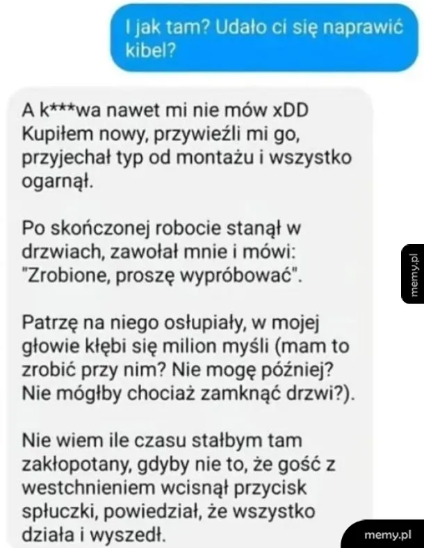 Rozmowa o naprawie toalety z humorem i absurdalnymi sytuacjami.