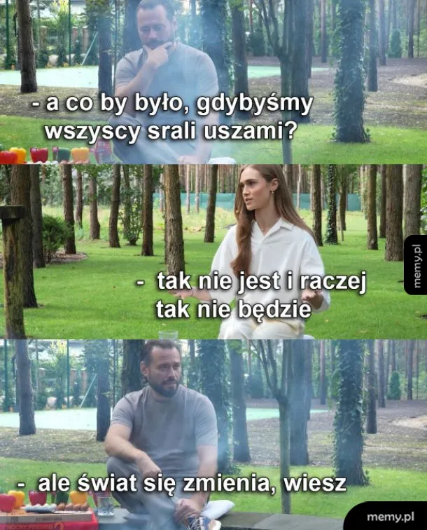 Mężczyzna i kobieta rozmawiają w lesie, poruszając temat zmian w świecie.