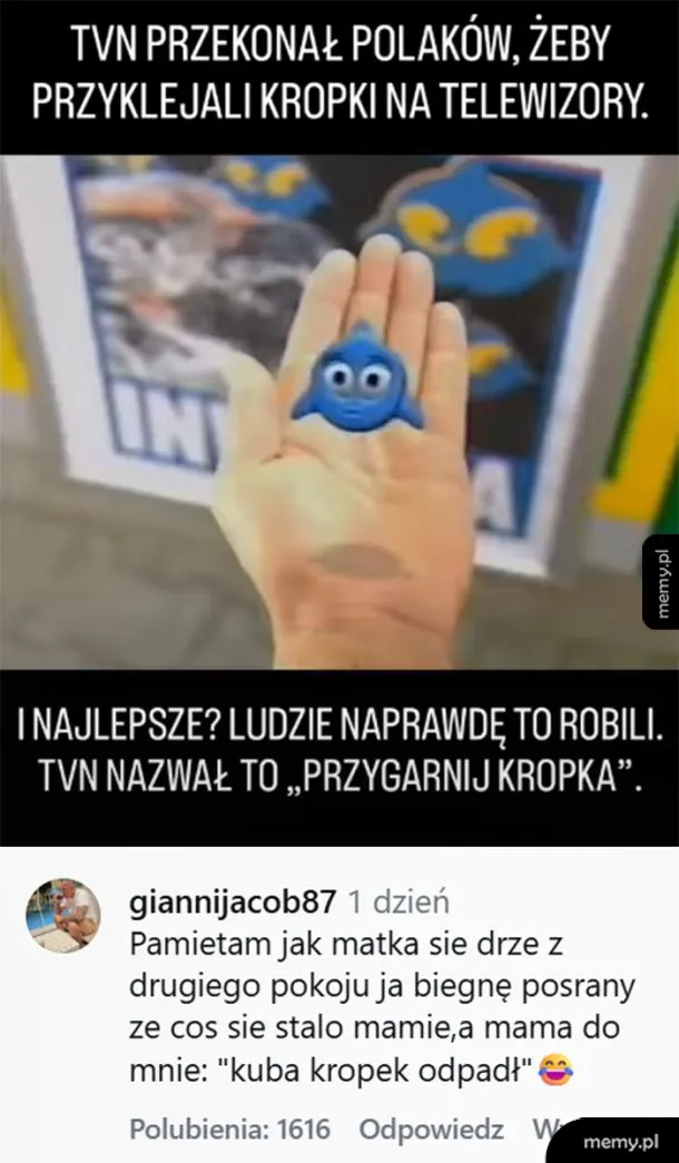 Niebieska kropka na tle kolorowego plakatu, z tekstem o TVN.