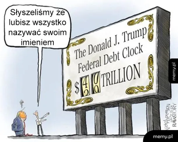 Postać w garniturze wskazuje na billboard z napisem o długu federalnym.