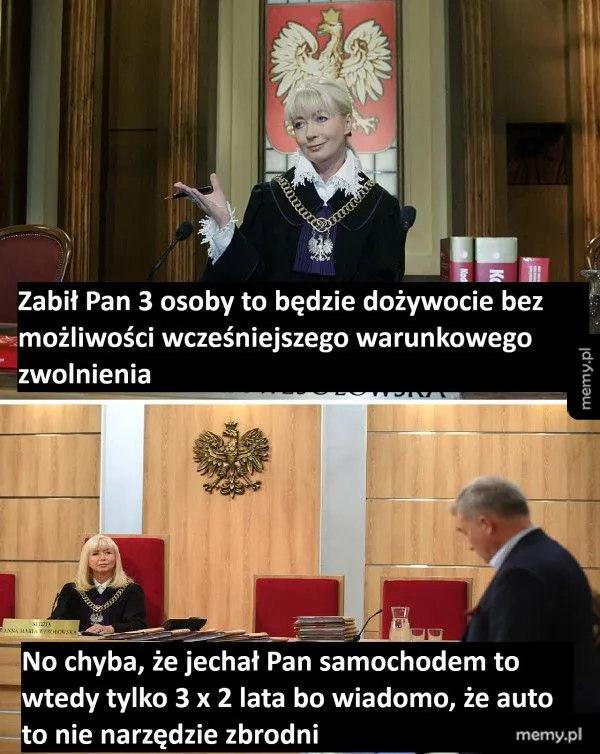 Kobieta w togach sądowych przemawia, mężczyzna w garniturze siedzi na ławie.
