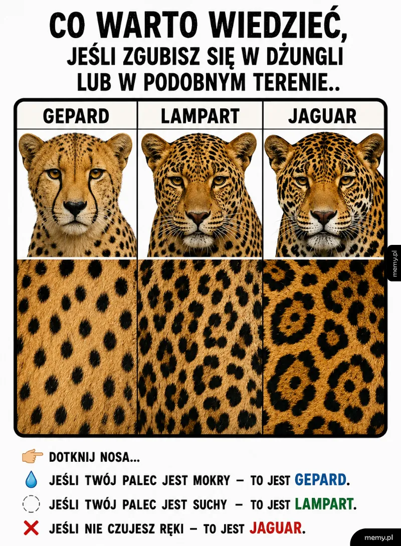 Trzy różne koty wielkie z charakterystycznymi wzorami na futrze.