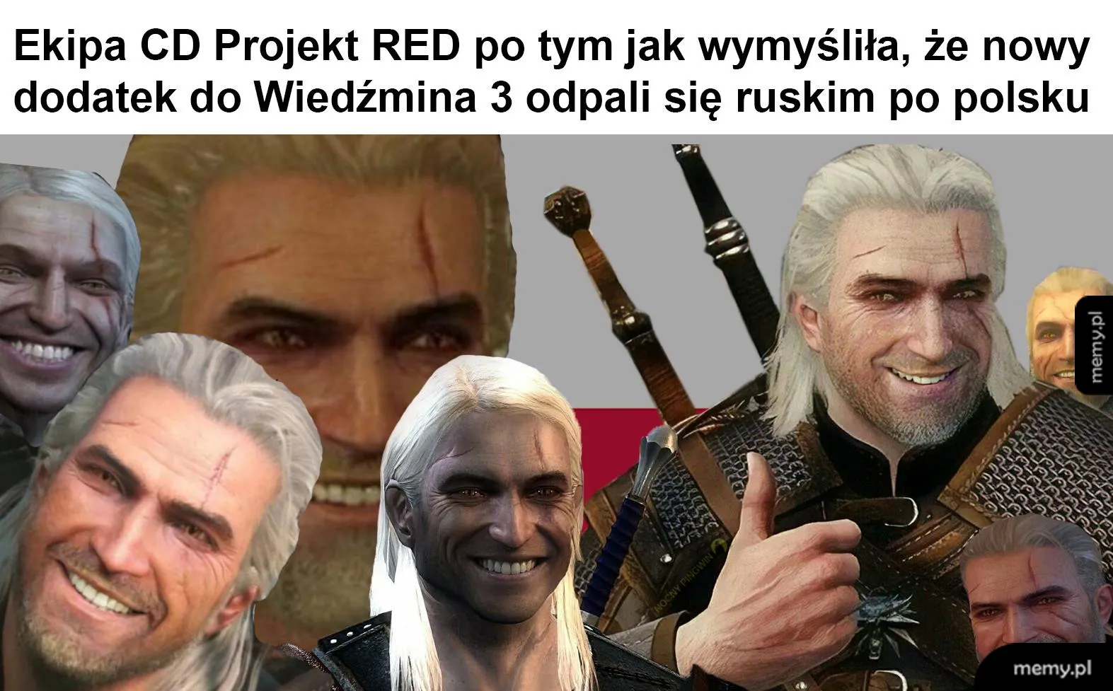 Kolaż postaci Geralta z Wiedźmina 3 z różnymi wyrazami twarzy.