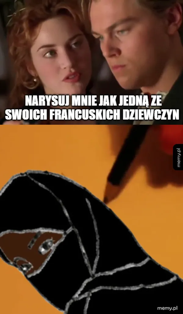 Kobieta i mężczyzna w romantycznej scenie, obok rysunek postaci w hijabie.