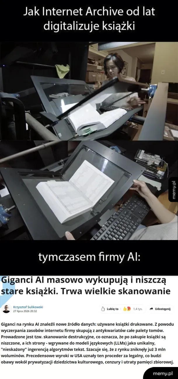 Skanowanie książek w bibliotece, zniszczone książki obok skanera.